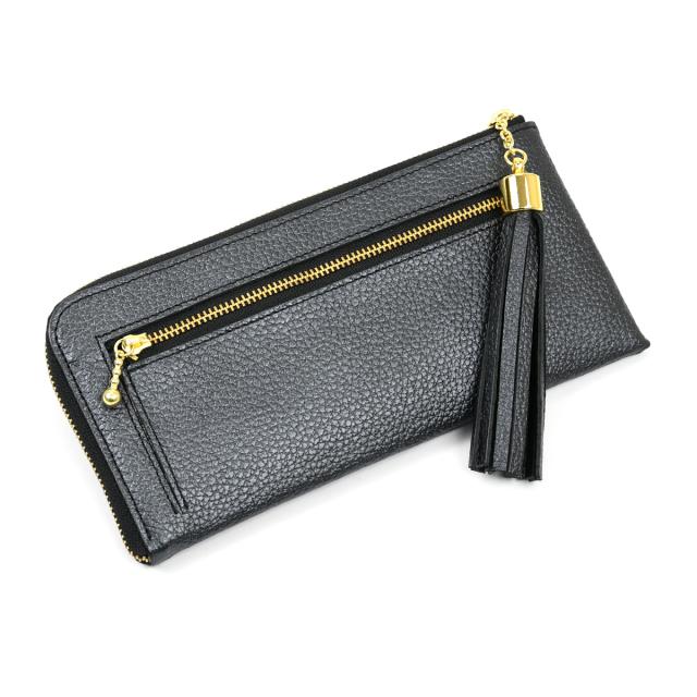 タッセルウォレット メタリックレザー BLACK 日本製 長財布 L字ファスナー 外ポケット付き 外側 小銭入れ 本革 財布 レディース 革 レザー 薄い 薄型 使いやすい YKK 長サイフ ロングウォレット Tassel Wallet タッセル チャーム 送料無料 NNW04 ブラック