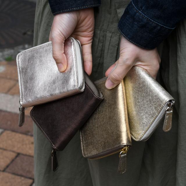 ミニ財布 ラウンドファスナー コンパクト ゴールド ピンク レディース