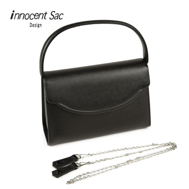 ブラックフォーマルバッグ 本革 レディース 日本製 ハンドバッグ ショルダーバッグ 2Way 3Wayバッグ クラッチバッグ シルバーチェーン 角底 台形 フラップ スクエア innocent Sac イノセントサック 冠婚葬祭 慶弔 姫路レザー 牛革 国産 黒色 女性用 婦人用