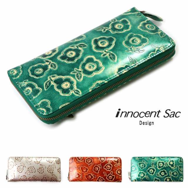 ラウンドファスナー長財布 花柄 型押しレザー メタリック 手染めグラデーションレザー innocent Sac イノセントサック 本革 日本製 レデ