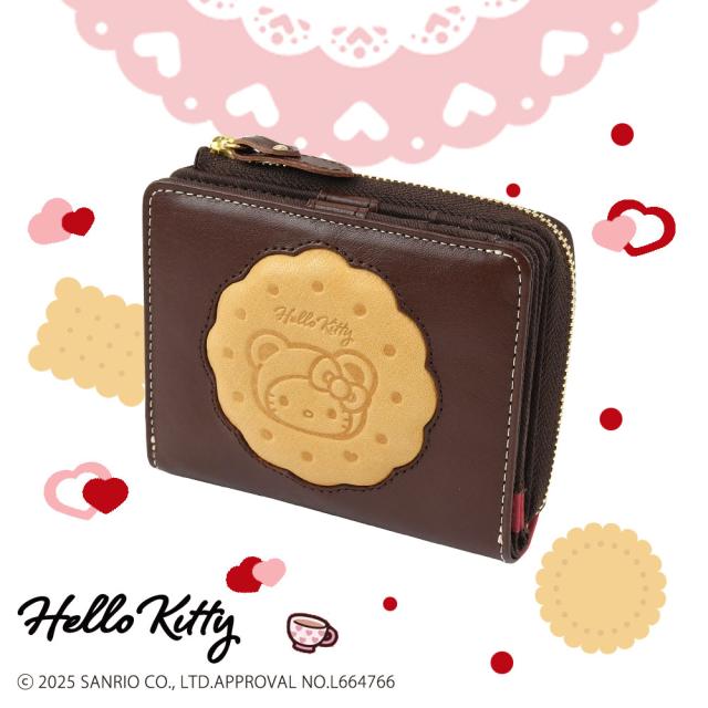 二つ折り財布 レディース レザー HELLO KITTY ハローキティ BISCUIT ビスケット 本革 小銭入れ 外側小銭入れ L字ファスナー 牛革 機能的 使いやすい 型押し コンパクト キティちゃん キティちゃんグッズ サンリオキャラクターズ 11330 ナダヤ