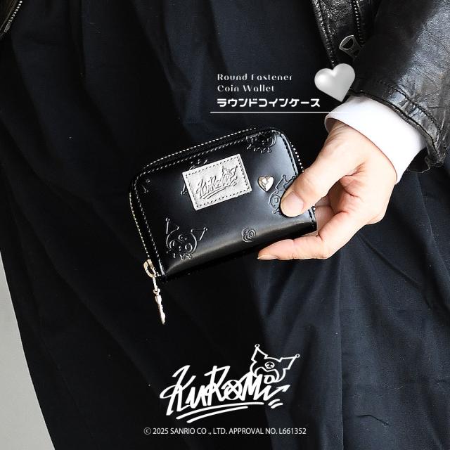 サンリオ クロミ KUROMI ケース ラウンドファスナー マチあり2室 ミニ財布 ラウンド型 YKK 本革 型押し 牛革 レディース 小銭入れ 財布 クロミブラック クロミちゃん KUROMIES クロミちゃんグッズ Sanrio キャラクター