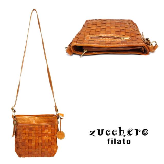 ショルダーバッグ スクエア型 ファスナー 編み込み レザー 本革 レディース zucchero filato ズッケロ ズッケロフィラート 斜めがけ 斜め掛け メッシュ イントレチャート ヌメ革 タンニン鞣し ナチュラル エイジング 女性用 婦人用 ブラウン 送料無料
