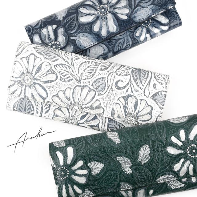 長財布 ギャルソン カード24枚 レディース アルカン 日本製 本革 花柄 大容量 アニス ボタニカル 使いやすい カード収納多い 小銭 出しやすい フラップ Arukan アートレザー キラキラ 型押し フラワー 植物 草花 広マチ 小銭入れ 機能的 エレガント フェミニン シック