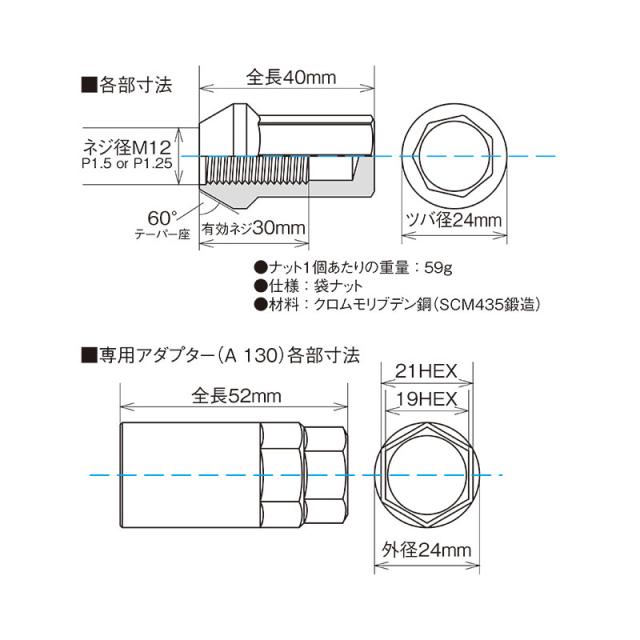 ペプタゴンキャリバー 24 ホイールナット 20個入 クロームメッキ M12×P1.25 60°テーパー 全長40mm 5穴車  KYO-EI HPC03C_1