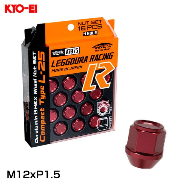 キックス レギューラレーシング コンパクトナットセット 16個入 レッド M12×P1.5 4穴車用 全長25mm 60°テーパー 19HEX  KYO-EI KIS16R