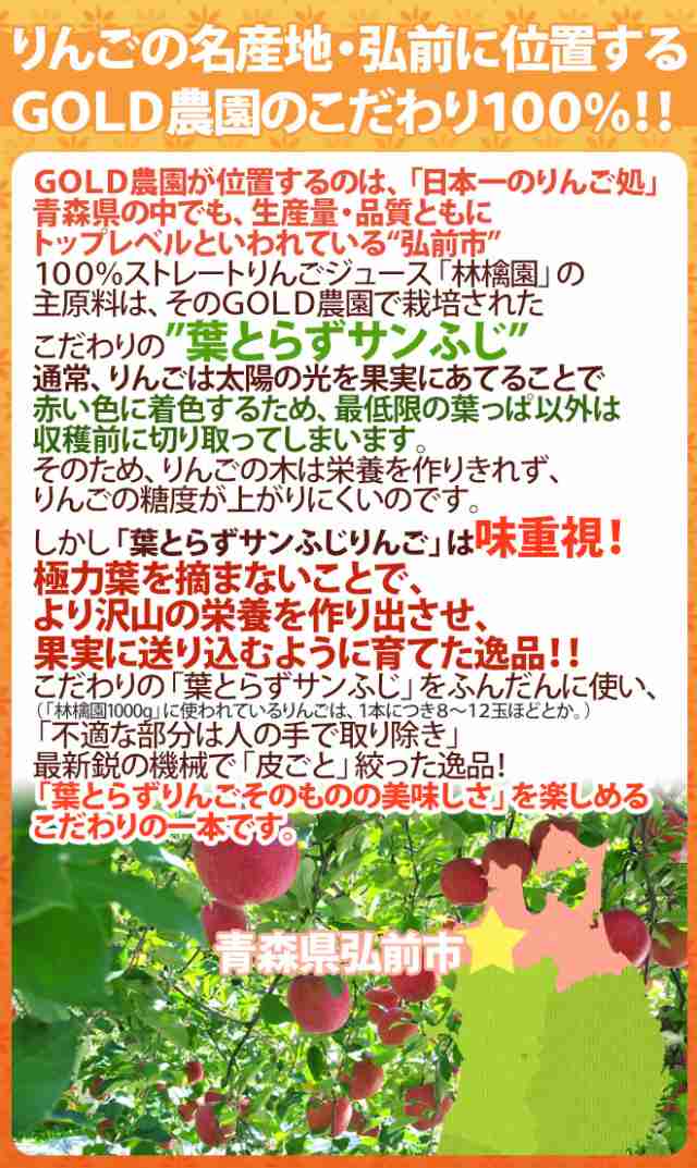 PAY　くらし快援隊　送料無料の通販はau　青森　マーケット　りんごジュース　1000g×6本×《3箱》　林檎園”　GOLD農園　”りんご100%ストレートジュース　マーケット－通販サイト　au　PAY