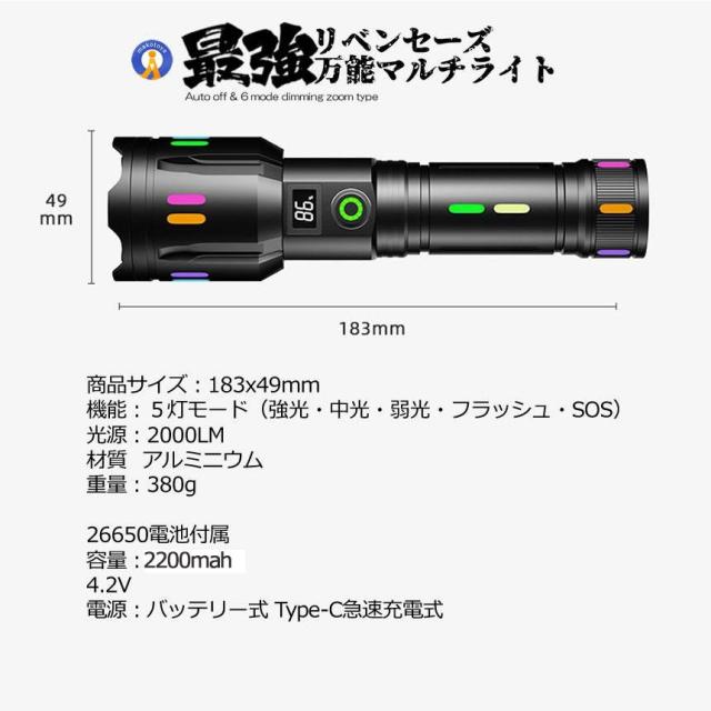 5個セット 最強 懐中電灯 led 強力 液晶画面デジタル 2000LM 5つの点灯モード 超高輝度 USB ズーム COB 作業灯 緊急時 災害時 5モード DIYARAIT 懐中電灯
