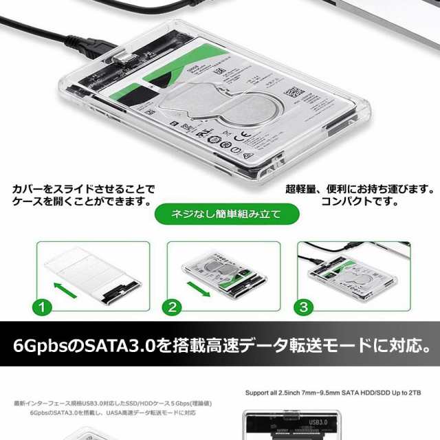 2.5型 SSD HDDケース USB3.0 スケルトン 透明 外付けハードディスク