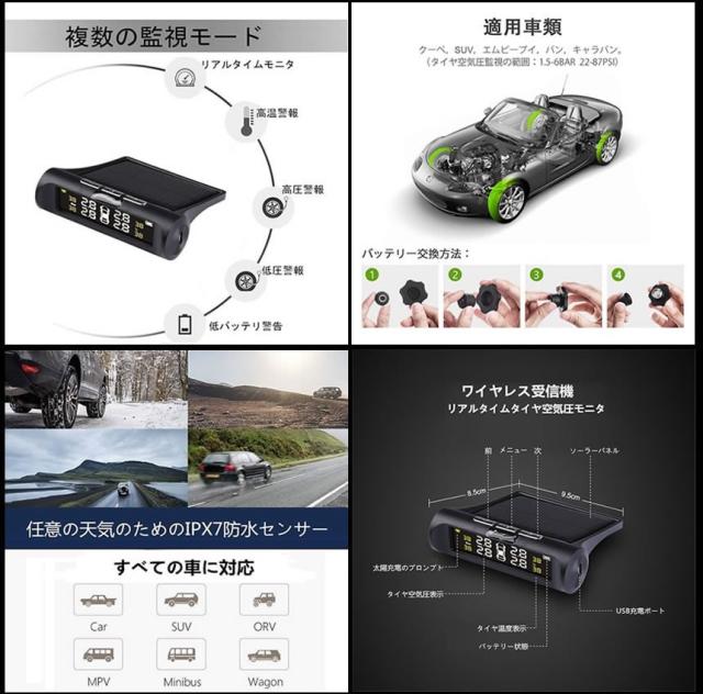 5個セット タイヤ 空気圧センサー Bタイプ ワイヤレス 車 自動車 ソーラー充電 モニター TPMS タイヤハングリー センサー 温度 アラーム メンテナンス セキュリティ HANTPMSB_3