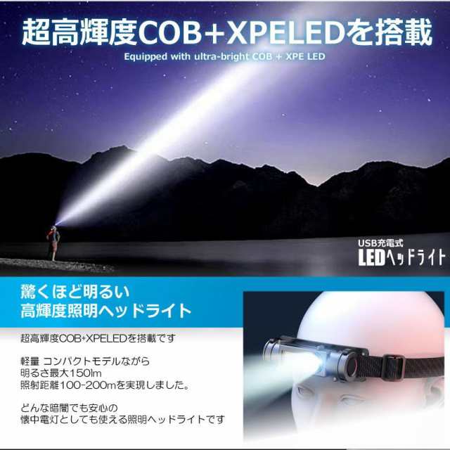 ヘッドライト LED 小型 ランプ USB充電式 登山 懐中電灯 - ライト