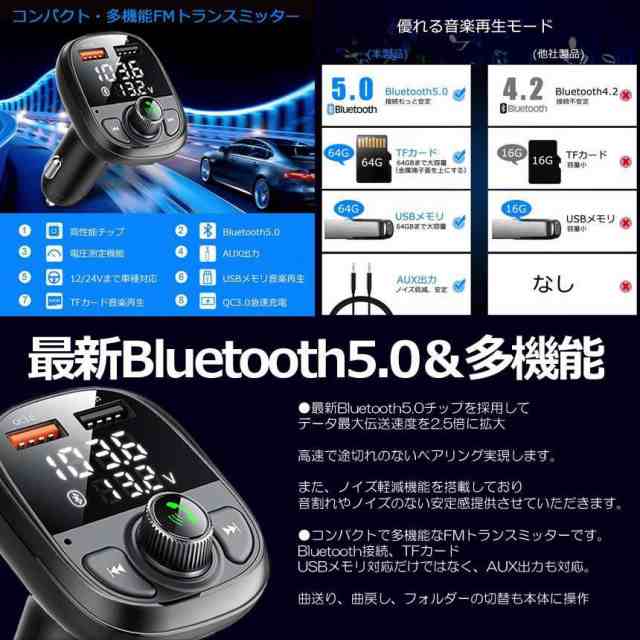 Bluetooth5.0 FMトランスミッター USBポート QC3.0 急速充電 ノイズ軽減 USB 音楽再生 全車種対応 無線 車  SIAGACCHの通販はau PAY マーケット - まこと屋ネット | au PAY マーケット－通販サイト