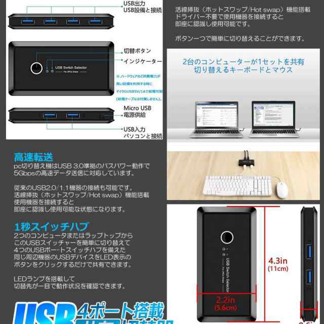 切替器 3.0 高速転送 USB 切り替え PC2台用 2入力4出力 5Gbps USB