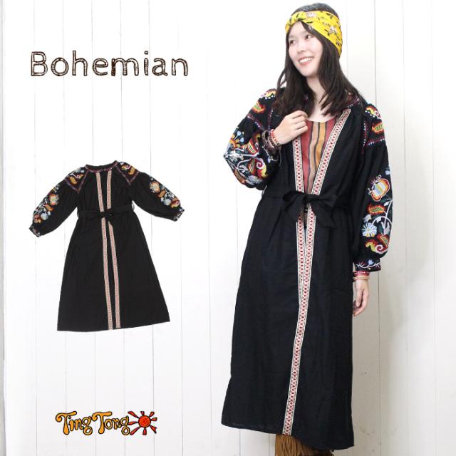シャツワンピ 羽織り ロング丈 コットン レディース ！ ボヘミアン 前開き チュニック ワンピース ヒッピー エスニック フォークロア ナチュラル ボタニカル