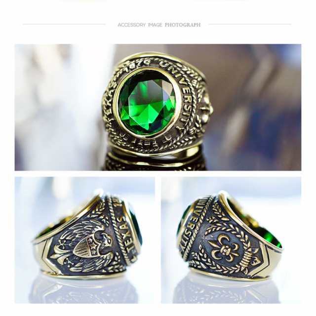 カレッジリング 指輪 メンズアクセサリー ブラス・真鍮 グリーンジルコニア・緑 bssri0011