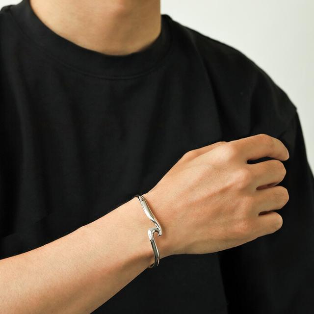ブレスレット メンズ ウェーブ 波模様 バングル シルバー925 細め 個性
