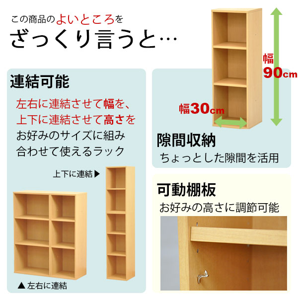 すき間収納棚 幅30cm (約)奥行30cm 高さ90cm カラーボックス 3段 奥行