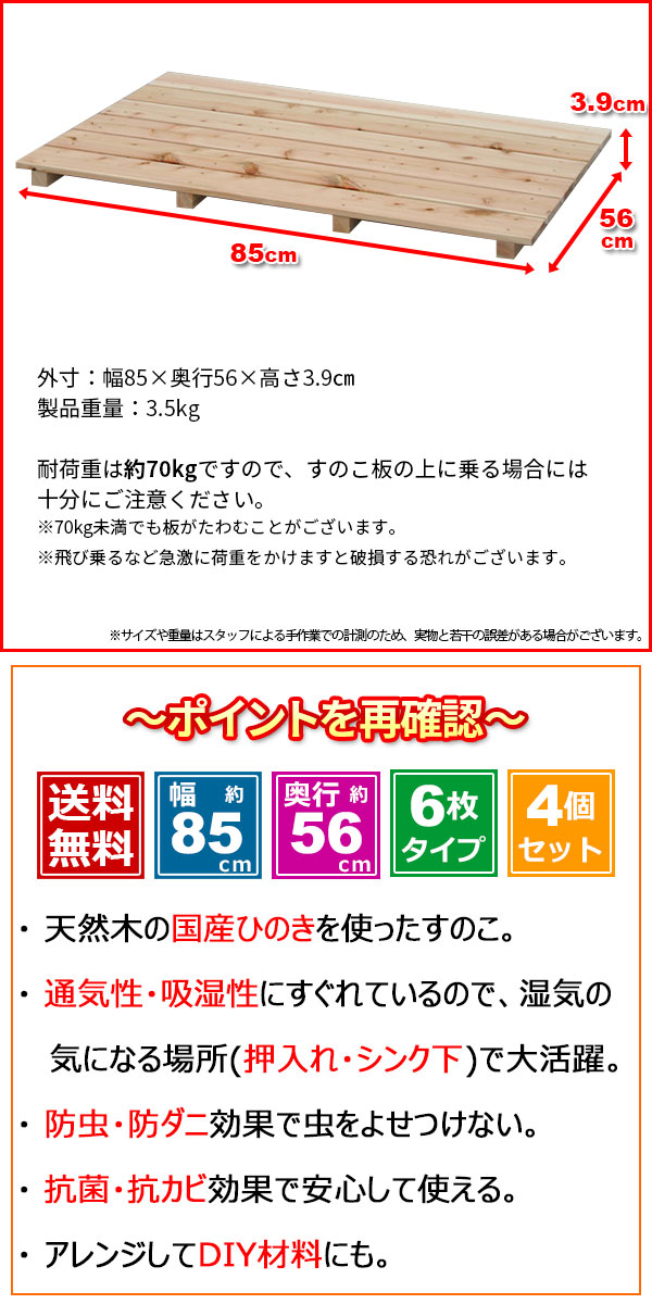 ひのき すのこ『国産桧すのこ 板6枚』(4個セット) 幅85cm 奥行き56cm 高さ3.9cm 日本製ひのきスノコ ヒノキスノコ 檜簀子 (NHS-006)_3