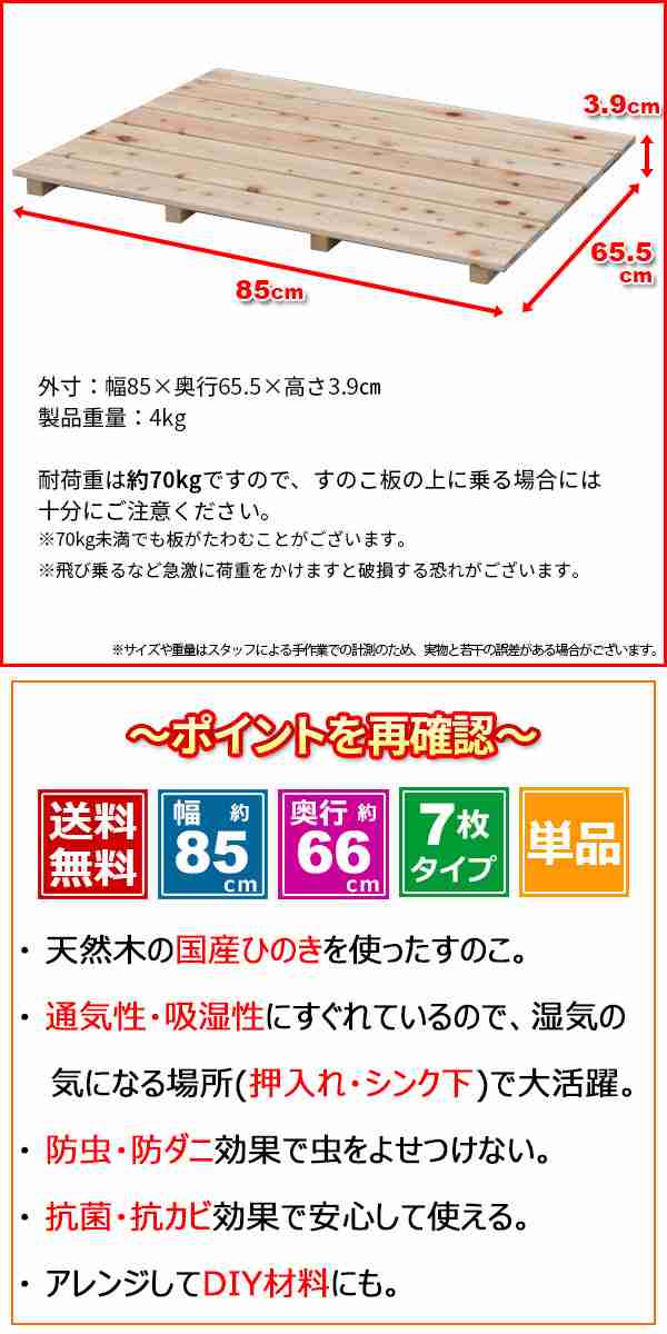 ひのき すのこ『国産桧すのこ 板7枚』(単品) 幅85cm 奥行き65.5cm 高さ3.9cm 日本製ひのきスノコ ヒノキスノコ 檜簀子 (NHS- 007)の通販はau PAY マーケット - インテリアセレクトショップカグト