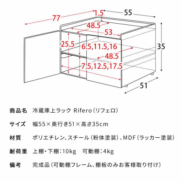 冷蔵庫 上 収納 ラック 完成品 頑丈 軽量 ホットプレート収納対応 置くだけ 幅55cm 奥行51cm 高さ35cm おしゃれ 冷蔵庫 上 スペース収納