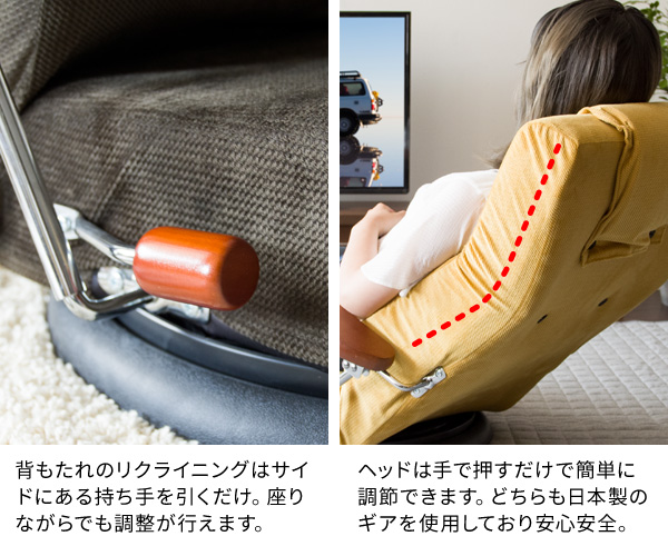 座椅子 国産 日本製 腰痛対策 腰にやさしい椅子 回転座椅子 高級座椅子 丈夫なひじ掛け付き 低い座椅子 ヘッドリクライニング ハイバック リクライニング 広い座面 大きい背もたれ イエロー グリーン ブラウン 幅66cm 奥行60cm〜122cm 高さ22cm〜77cm 座面高さ17cm〜22cm_9