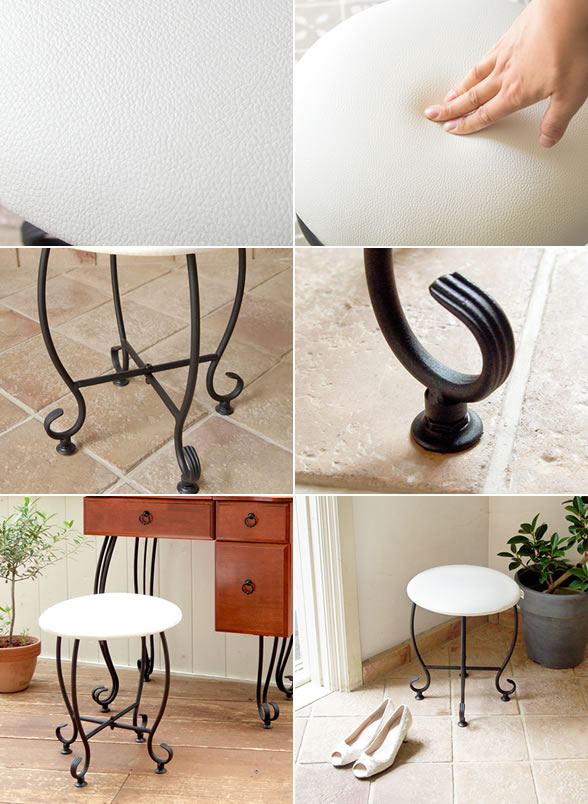 スツール おしゃれ 椅子 高さ45cm 大人かわいい アンティーク調 玄関 スツール コンパクト 合皮レザー 猫脚 スツール 丸椅子 ラウンドスツール ロースツール 玄関 椅子 可愛い 椅子 ブラックスチール脚 一人暮らし 女子部屋 リビング 幅45cm 奥行35cm クラシック ホワイトの通販は