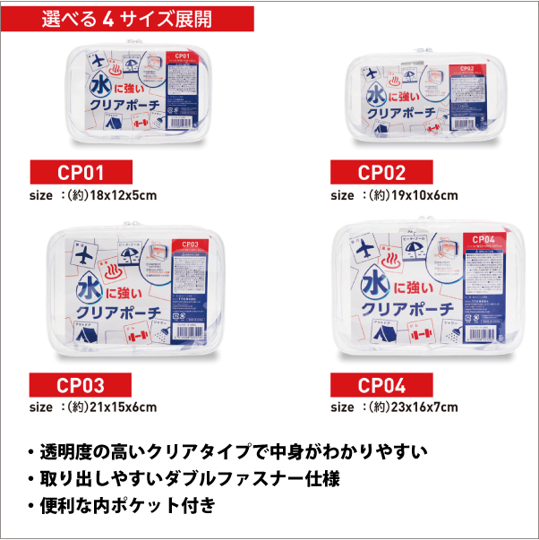 水に強い PVC クリアポーチ 18ｘ12ｘ5cm CP01 全4サイズ コスメポーチ 旅行用品 トラベルグッズ ポーチ