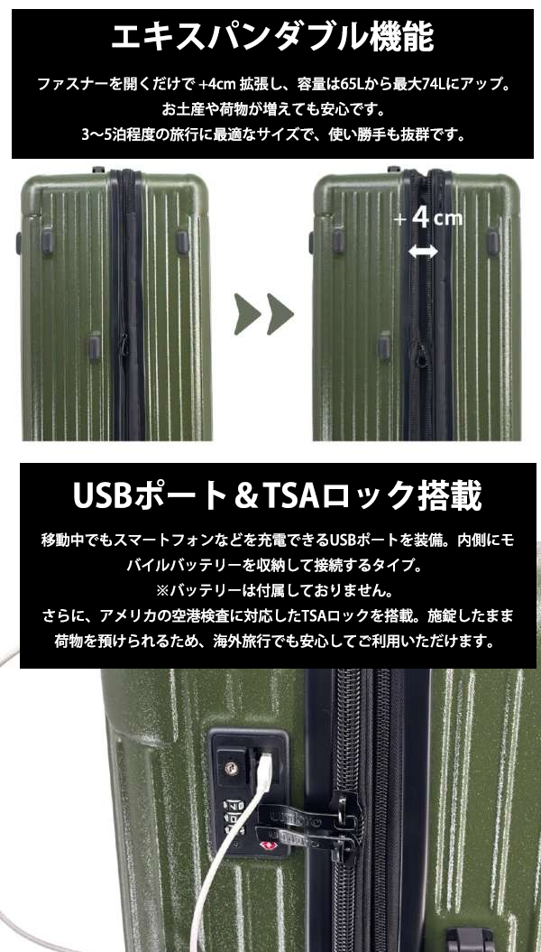 アンブロ キャリーケース スーツケース 65-74L Mサイズ 70883 容量拡張 インラインスケート用キャスター TSAロック 受託手荷物対応 送料無料 UMBRO_1
