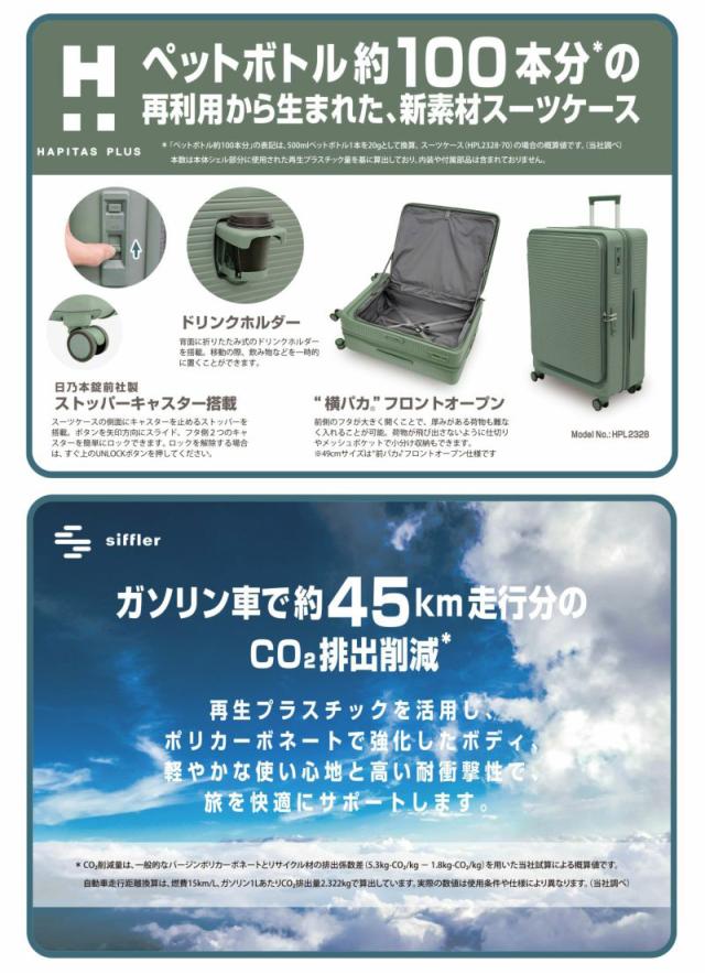 【機内持ち込み可】 シフレ ハピタスプラス RPET スーツケース Sサイズ 32〜37L フロントオープン ストッパー付き ダブルキャスター 静音 カップホルダー 容量拡張 HPL2328-49_1