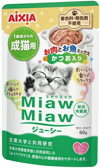 アイシア　ＭｉａｗＭｉａｗジューシー　お肉とお魚ミックス　かつお入り　６０ｇｘ１２０個（ケース販売）