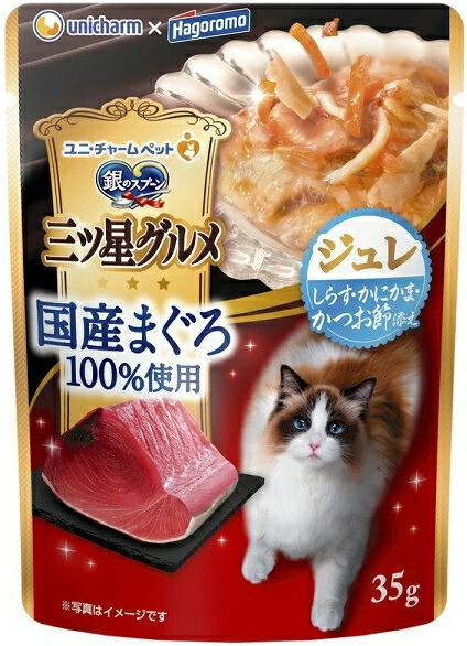 ユニチャーム　銀のスプーン　三ツ星グルメパウチ　国産まぐろ１００％使用ジュレ　しらす・かにかま・かつお節添え　３５ｇｘ１２０個（ケース販売）
