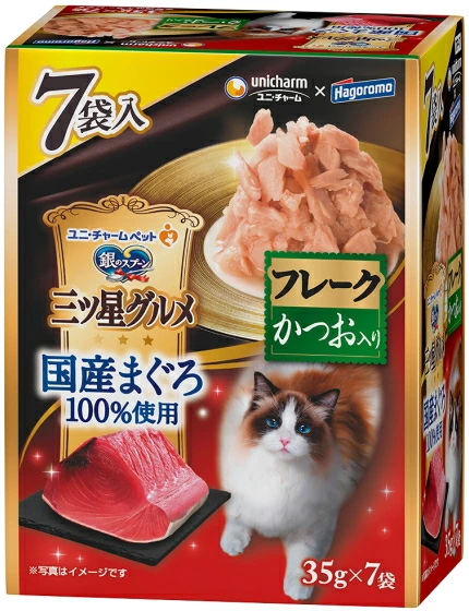 ユニチャーム　銀のスプーン　三ツ星グルメパウチ　国産まぐろ１００％使用フレーク　かつお入り　３５ｇｘ７袋ｘ１６個（ケース販売）