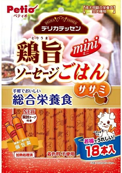 ペティオ　デリカテッセン　総合栄養食　鶏旨　ミニソーセージごはん　ササミ　１８本入ｘ３０個（ケース販売）