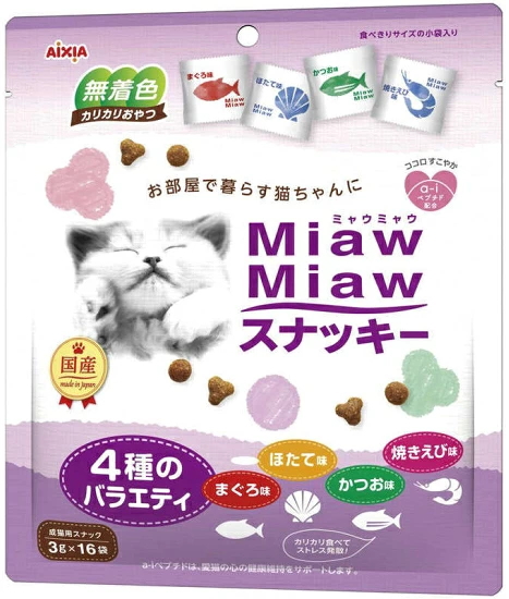 アイシア　ミャウミャウスナッキー　４種のバラエティ　まぐろ味・かつお味・焼きえび味・ほたて味　４８ｇｘ４８個（ケース販売）