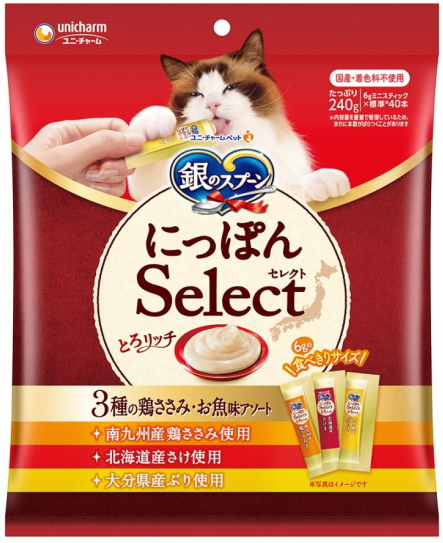【ユニチャーム】銀のスプーンおやつ　にっぽんＳｅｌｅｃｔ　とろリッチ　３種の鶏ささみ味・お魚味アソート　２４０ｇｘ１４個（ケース販売）