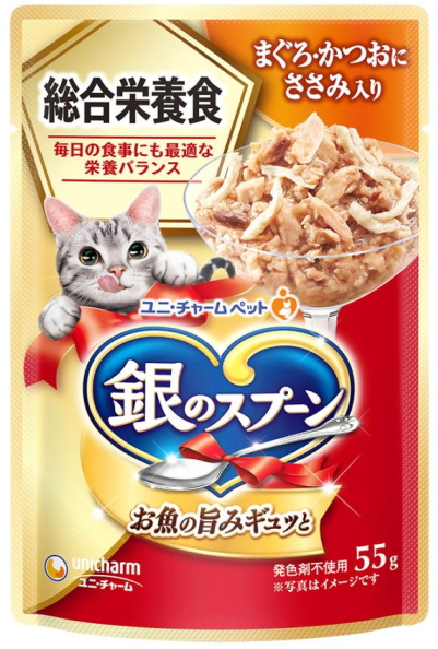 ユニチャーム　銀のスプーンパウチ　総合栄養食　まぐろ・かつおにささみ入り　５５ｇｘ１６０個（ケース販売）