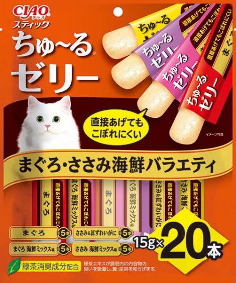 いなばペット　チャオ　スティック　ちゅ〜るゼリー　まぐろ・ささみ海鮮バラエティ　２０本ｘ１６個（ケース販売）　TSC-225