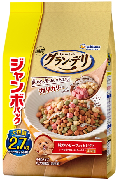 ユニチャーム　グランデリ　カリカリ仕立て　成犬用　味わいビーフ入りセレクト　２．７ｋｇｘ４個（ケース販売）