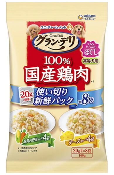 ユニチャーム　グランデリ　１００％国産鶏肉パウチ　ほぐし　高齢犬用　緑黄色野菜入り＆チーズ入り　２０ｇｘ８袋ｘ２４個（ケース販売）