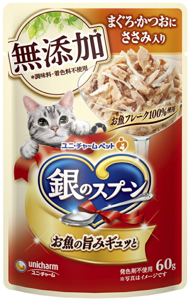 ユニチャーム　銀のスプーンパウチ　無添加　まぐろ・かつおにささみ入り　６０ｇｘ１６０個（ケース販売）
