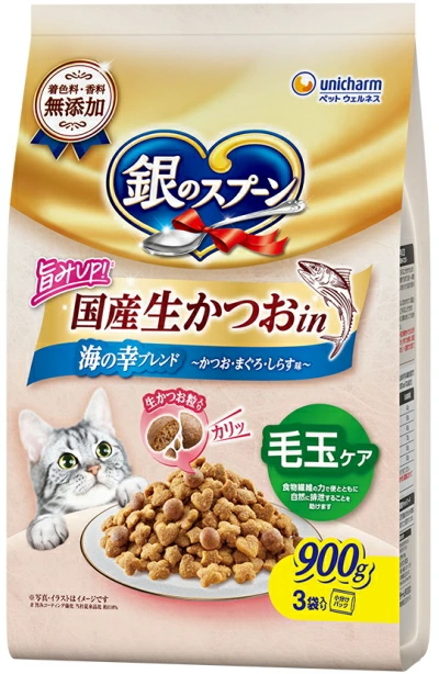 ユニチャーム　銀のスプーン　国産生かつおｉｎ　毛玉ケア　海の幸ブレンド　９００ｇｘ９個（ケース販売）
