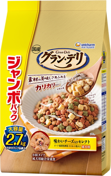 ユニチャーム　グランデリ　カリカリ仕立て　成犬用　味わいチーズ入りセレクト　ビーフ・緑黄色野菜・ささみ・小魚入り　２．７ｋｇｘ４個（ケース販売）