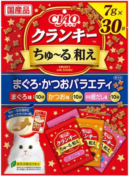 いなばペット　チャオ　クランキーちゅ〜る和え　まぐろ・かつおバラエティ　７ｇｘ３０袋ｘ１６個（ケース販売）　P-368