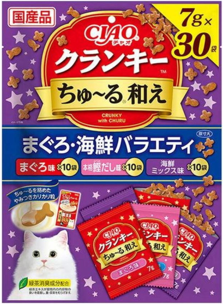いなばペット　チャオ　クランキーちゅ〜る和え　まぐろ・海鮮バラエティ　７ｇｘ３０袋ｘ１６個（ケース販売）　P-369