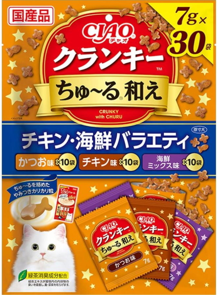 いなばペット　チャオ　クランキーちゅ〜る和え　チキン・海鮮バラエティ　７ｇｘ３０袋ｘ１６個（ケース販売）　P-370