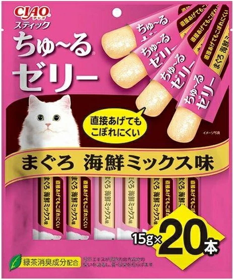 いなばペット　チャオ　スティック　ちゅ〜るゼリー　まぐろ　海鮮ミックス味　２０本ｘ１６個（ケース販売）　ＴＳＣ−２２１