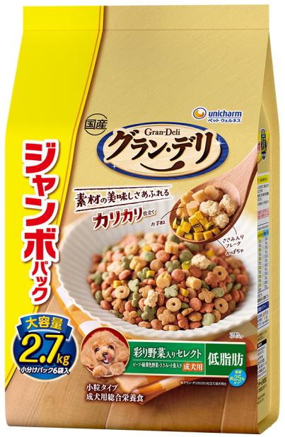 ユニチャーム　グランデリ　カリカリ仕立て　成犬用　低脂肪　彩り野菜入りセレクト　２．７ｋｇｘ４個（ケース販売）