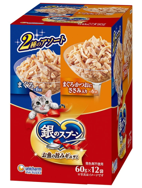 ユニチャーム　銀のスプーンパウチ　２種のアソート　まぐろ／まぐろ・かつおにささみ入り　６０ｇｘ１２袋ｘ１０個（ケース販売） 13,607円