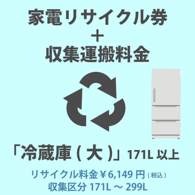 家電リサイクル券「4-B 冷蔵庫・冷凍庫(大)」171L以上 6149円 + 収集運搬費「収集区分A 171L〜299L」　171Lから299Lまでの冷蔵庫/冷凍庫