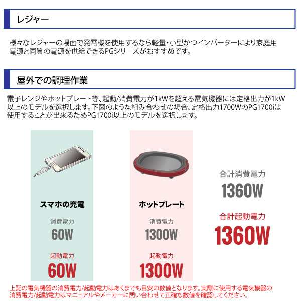 パワーテック インバーター 発電機 PG1700i 1.7kVA (1700W) ガソリン 